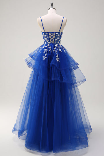 Royal Blue A-Line Tiered Long Appliqued Formal Dress with Sequins